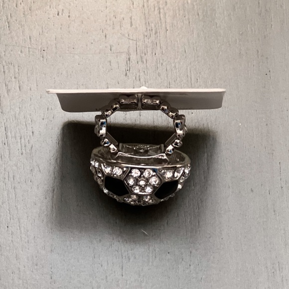 ⚽️ Black White Enamel Crystal Adjustable Soccer Football Cocktail Statement Ring - Picture 3 of 3